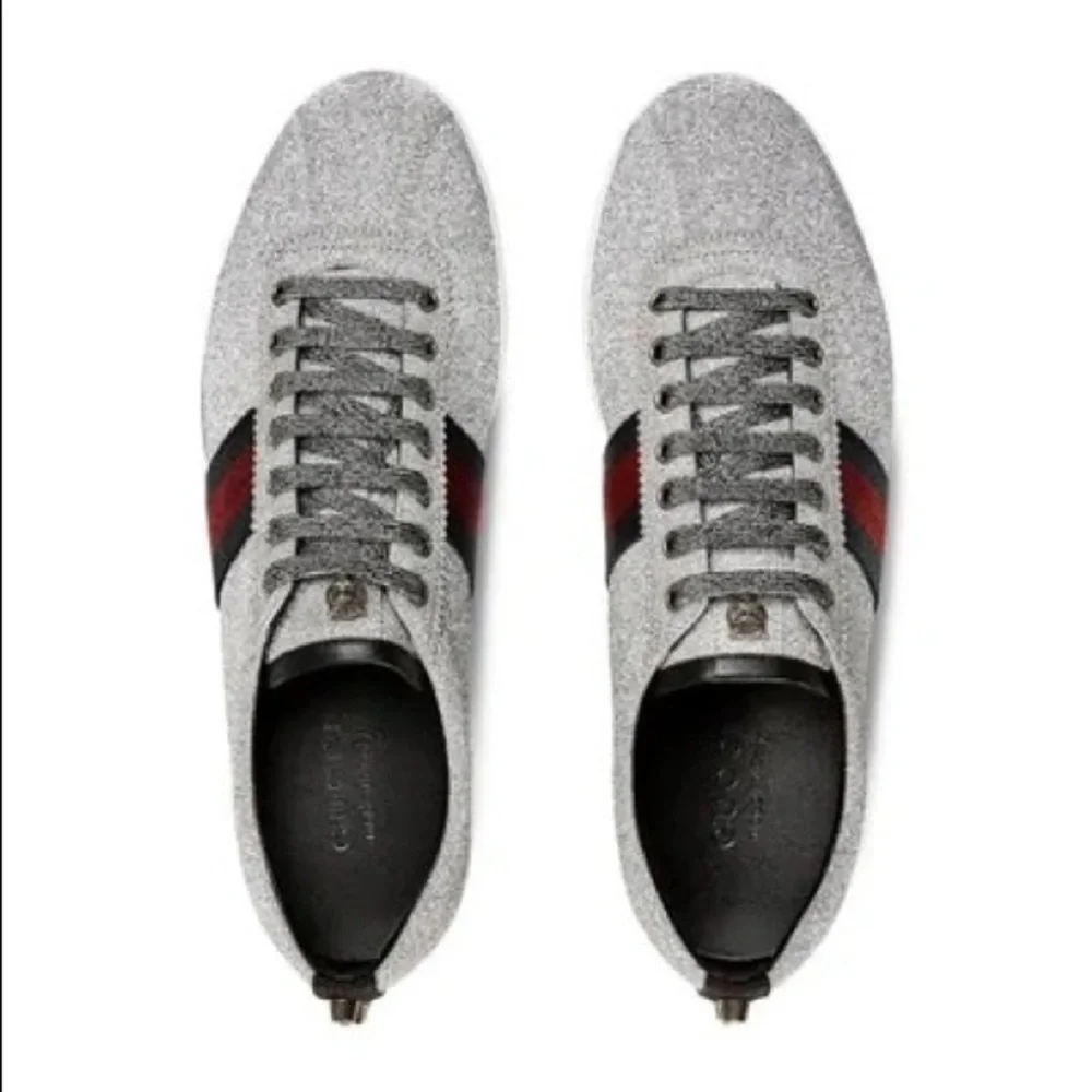 Gucci Silver Glitter Low-Top Sneakers with Navy & Red Web Stripe